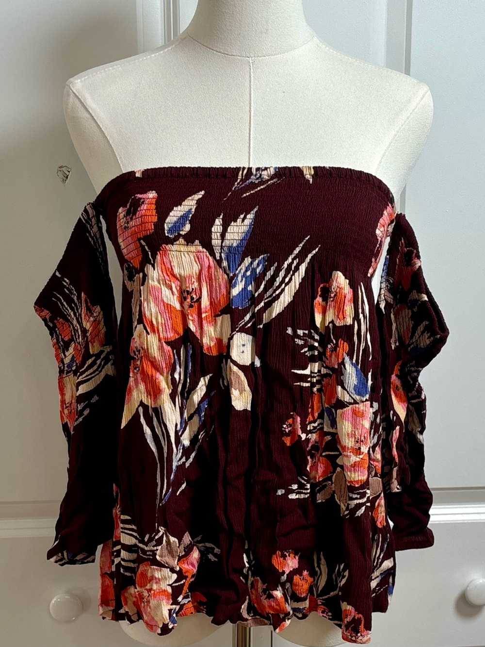 Billabong Smocked Off the Shoulder Floral Blouse Top